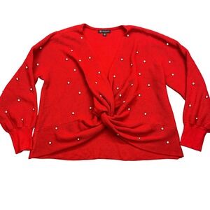 INC International Concepts Twist Front Embellished Blouse Top Red‎ 2X